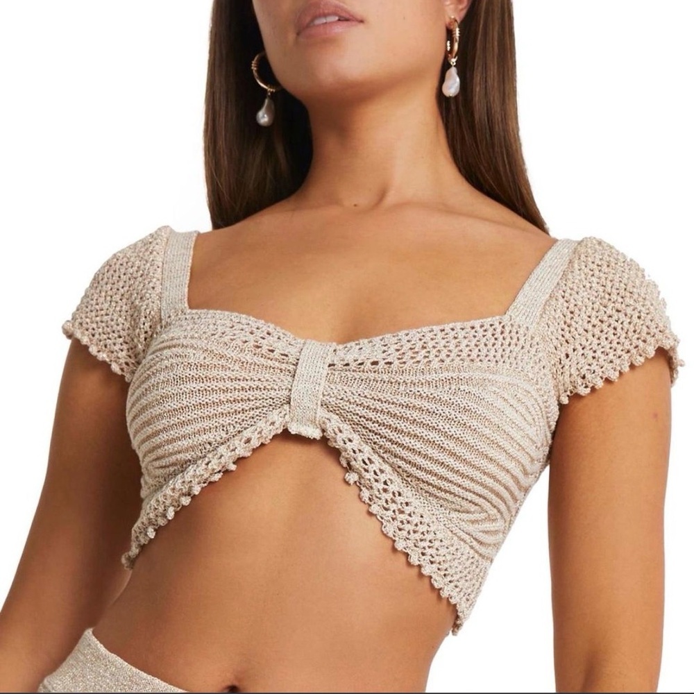 River Island Beige Crochet Crop Top with Gold Shimmer | US 14 - Picture 6 of 6